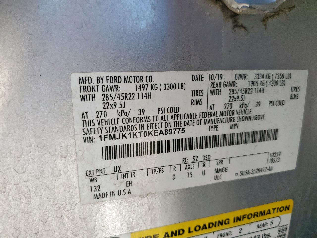 2019 Ford Expedition Max Limited VIN: 1FMJK1KT0KEA89775 Lot: 71669085