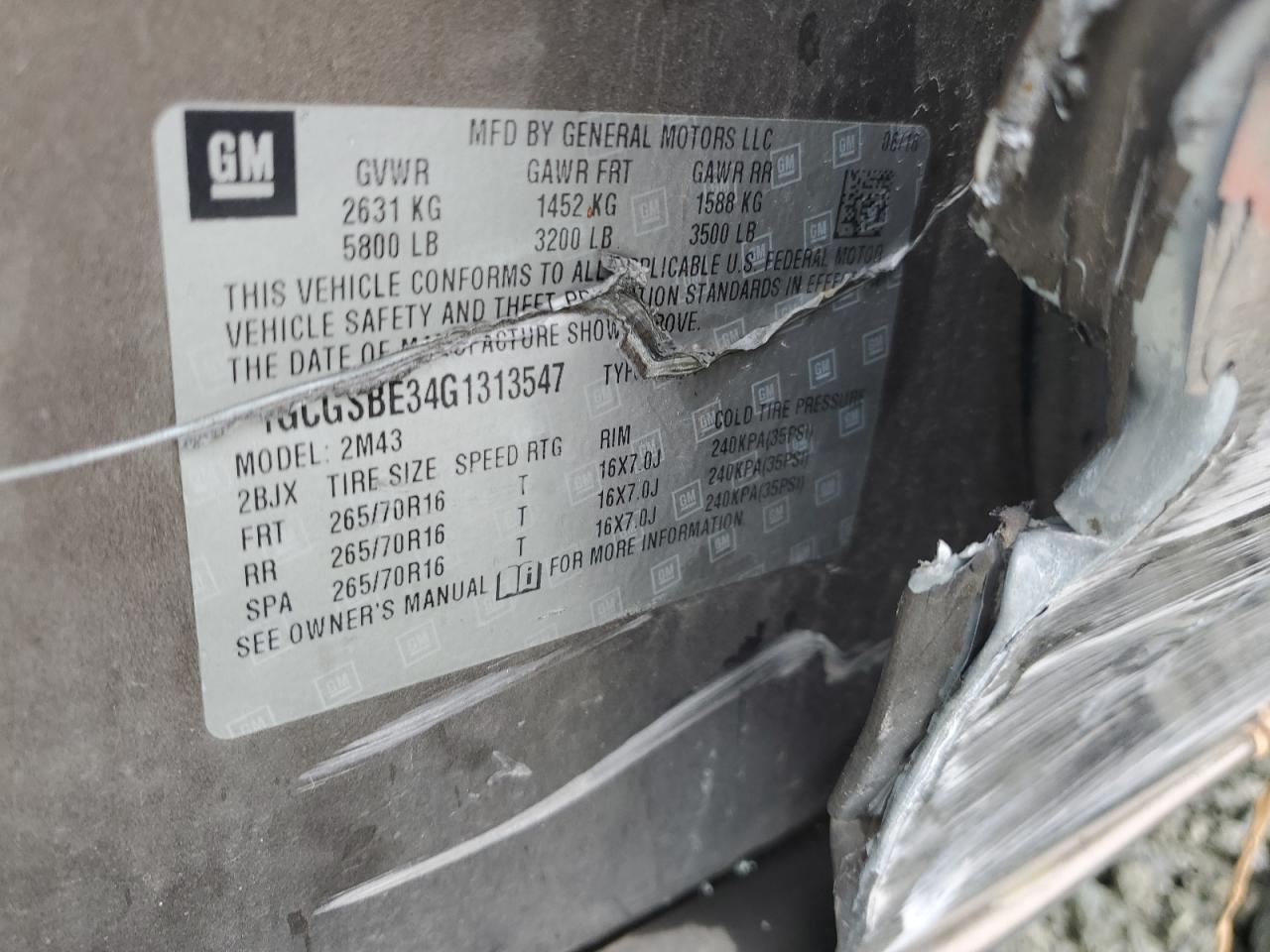 2016 Chevrolet Colorado VIN: 1GCGSBE34G1313547 Lot: 84635855