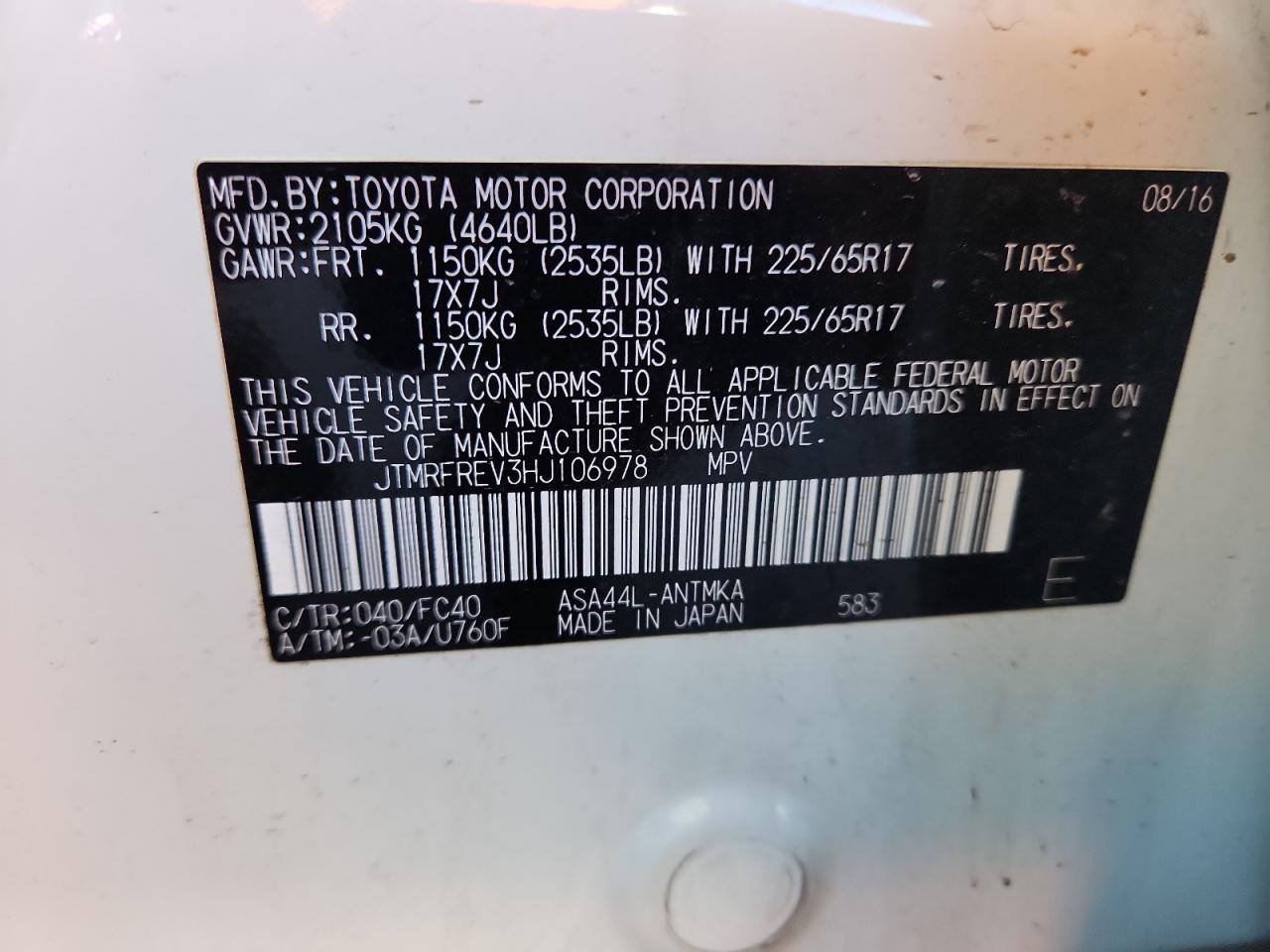 2017 Toyota Rav4 Xle VIN: JTMRFREV3HJ106978 Lot: 81152395