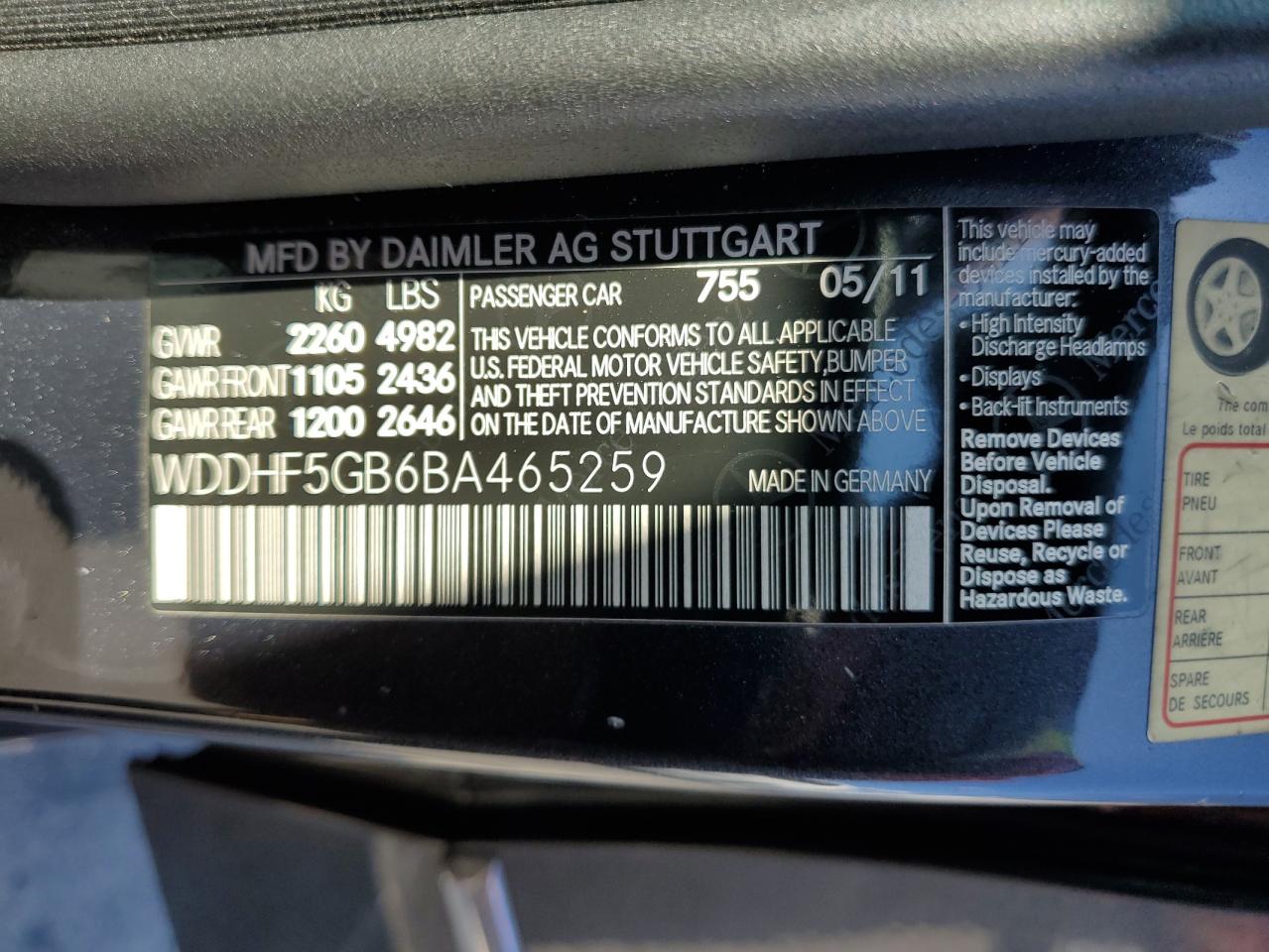 2011 Mercedes-Benz E 350 VIN: WDDHF5GB6BA465259 Lot: 81849135