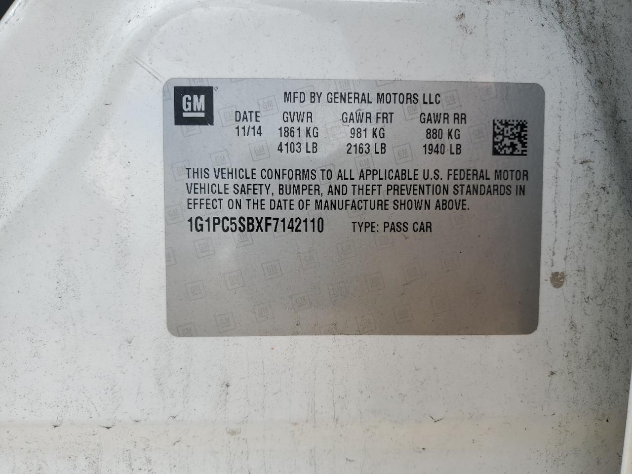 2015 Chevrolet Cruze Lt VIN: 1G1PC5SBXF7142110 Lot: 82101855