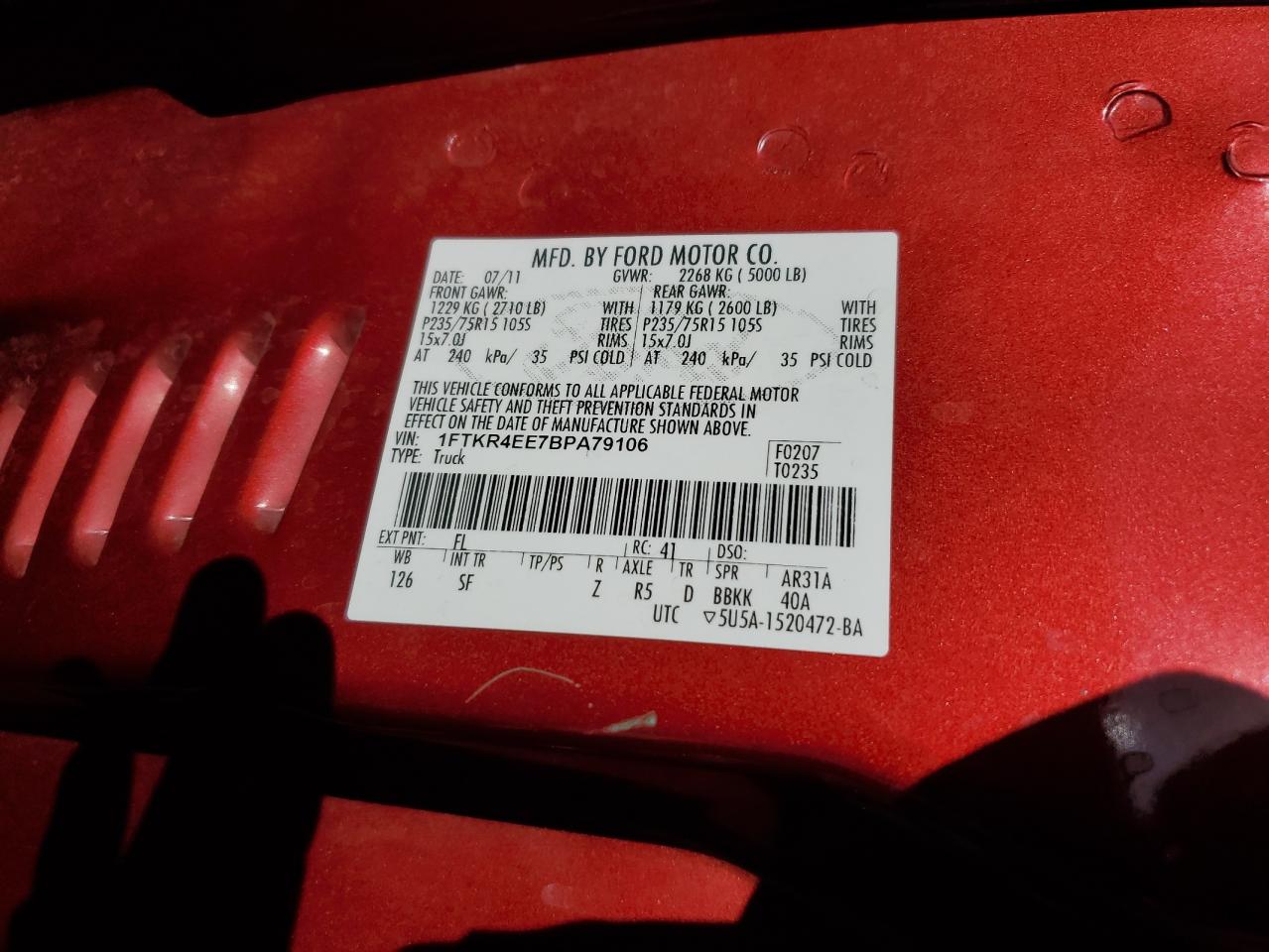 2011 Ford Ranger Super Cab VIN: 1FTKR4EE7BPA79106 Lot: 80180495