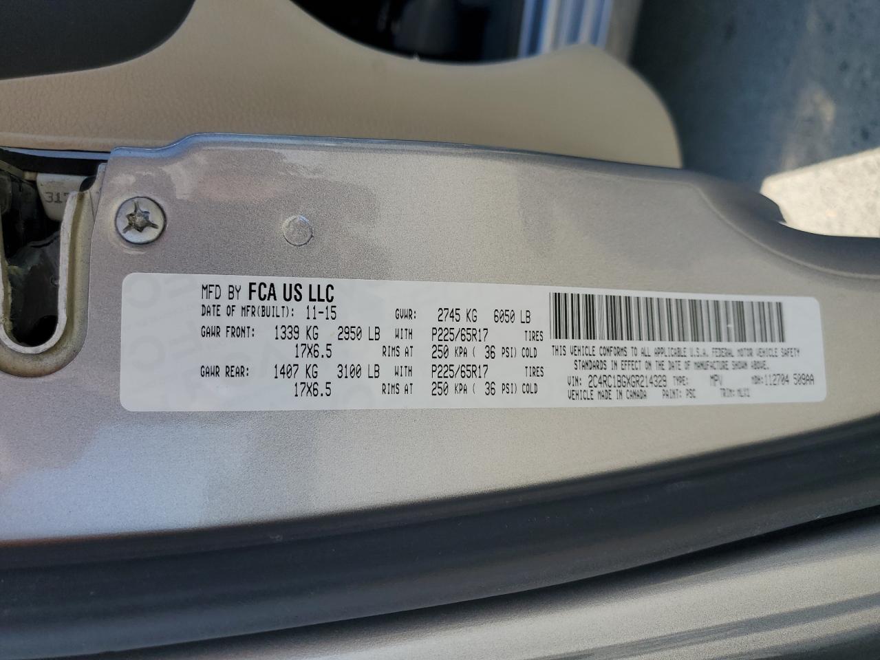 2016 Chrysler Town & Country Touring VIN: 2C4RC1BGXGR214329 Lot: 80478495