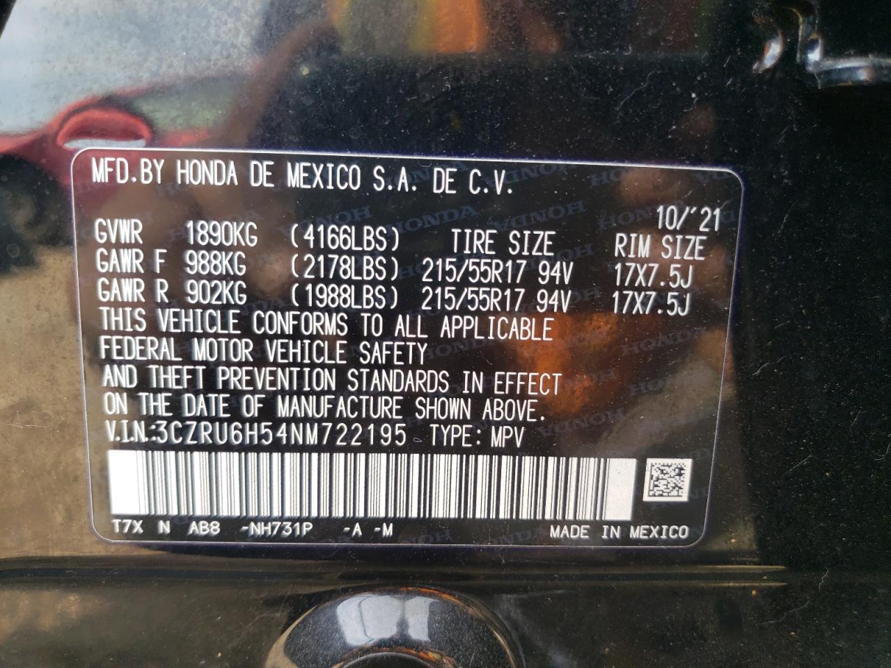 2022 Honda Hr-V Ex VIN: 3CZRU6H54NM722195 Lot: 72016215