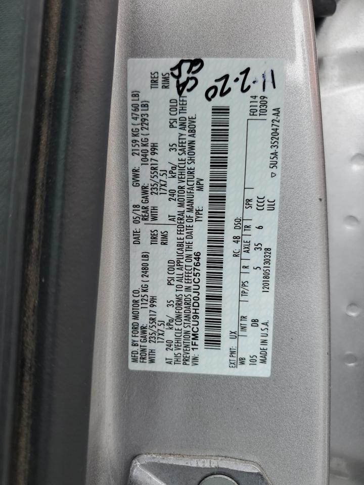 2018 Ford Escape Sel VIN: 1FMCU9HD0JUC57646 Lot: 83877535