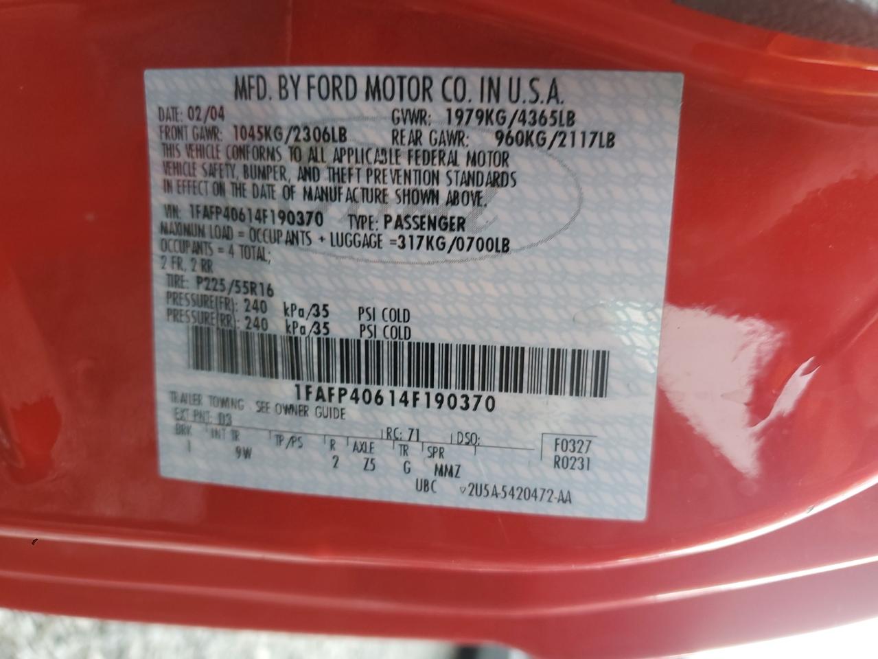 2004 Ford Mustang VIN: 1FAFP40614F190370 Lot: 82101705