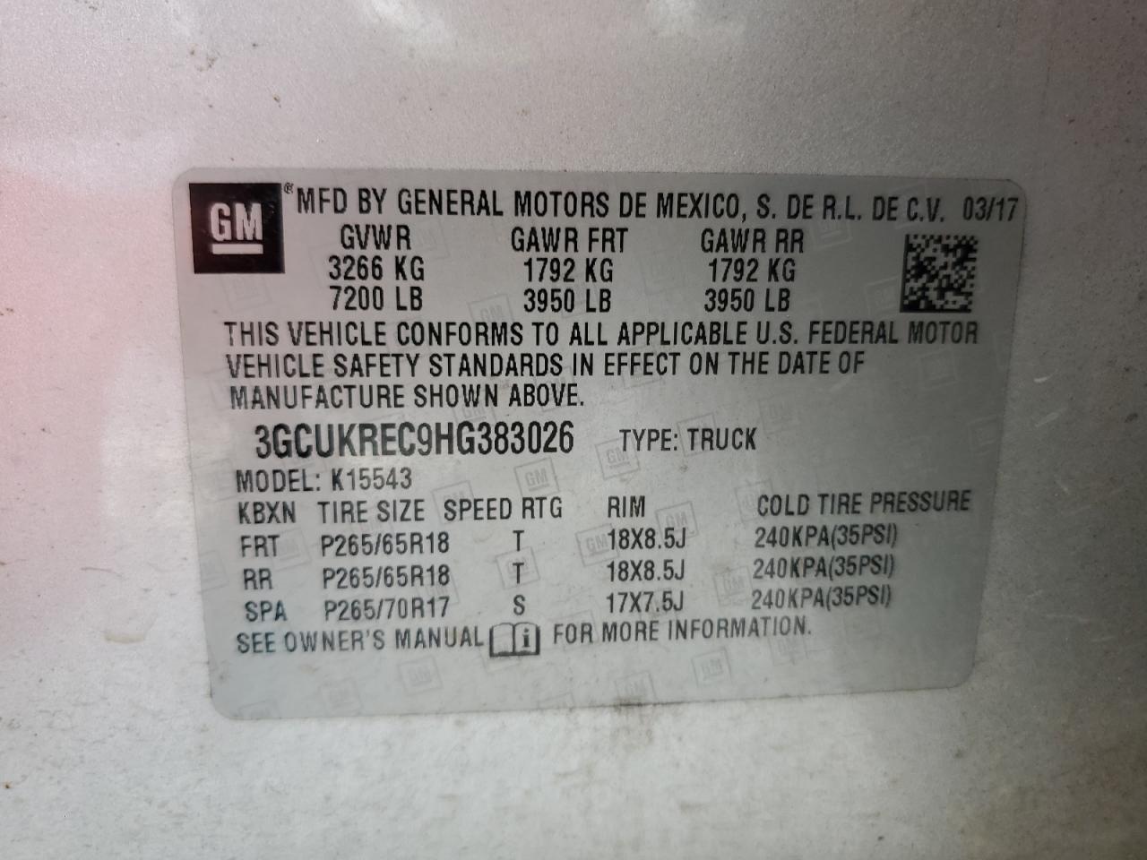 2017 Chevrolet Silverado K1500 Lt VIN: 3GCUKREC9HG383026 Lot: 80660425