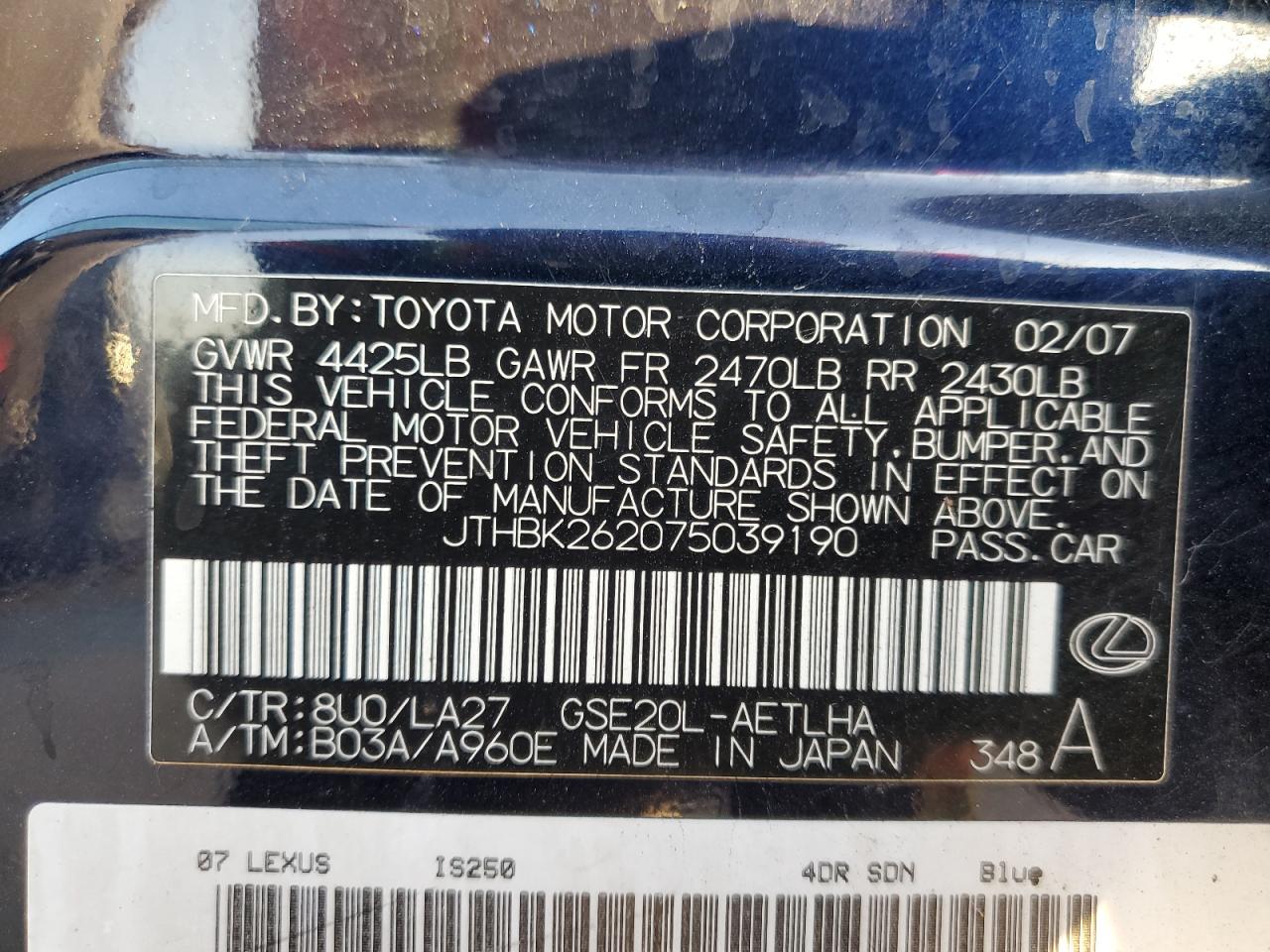 2007 Lexus Is 250 VIN: JTHBK262075039190 Lot: 81837945