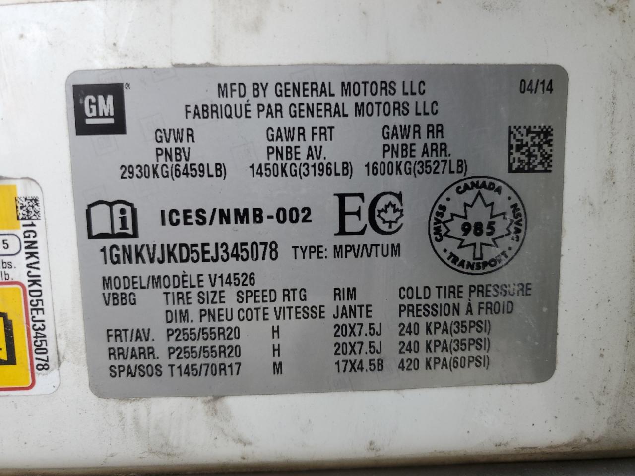 2014 Chevrolet Traverse Ltz VIN: 1GNKVJKD5EJ345078 Lot: 81099725
