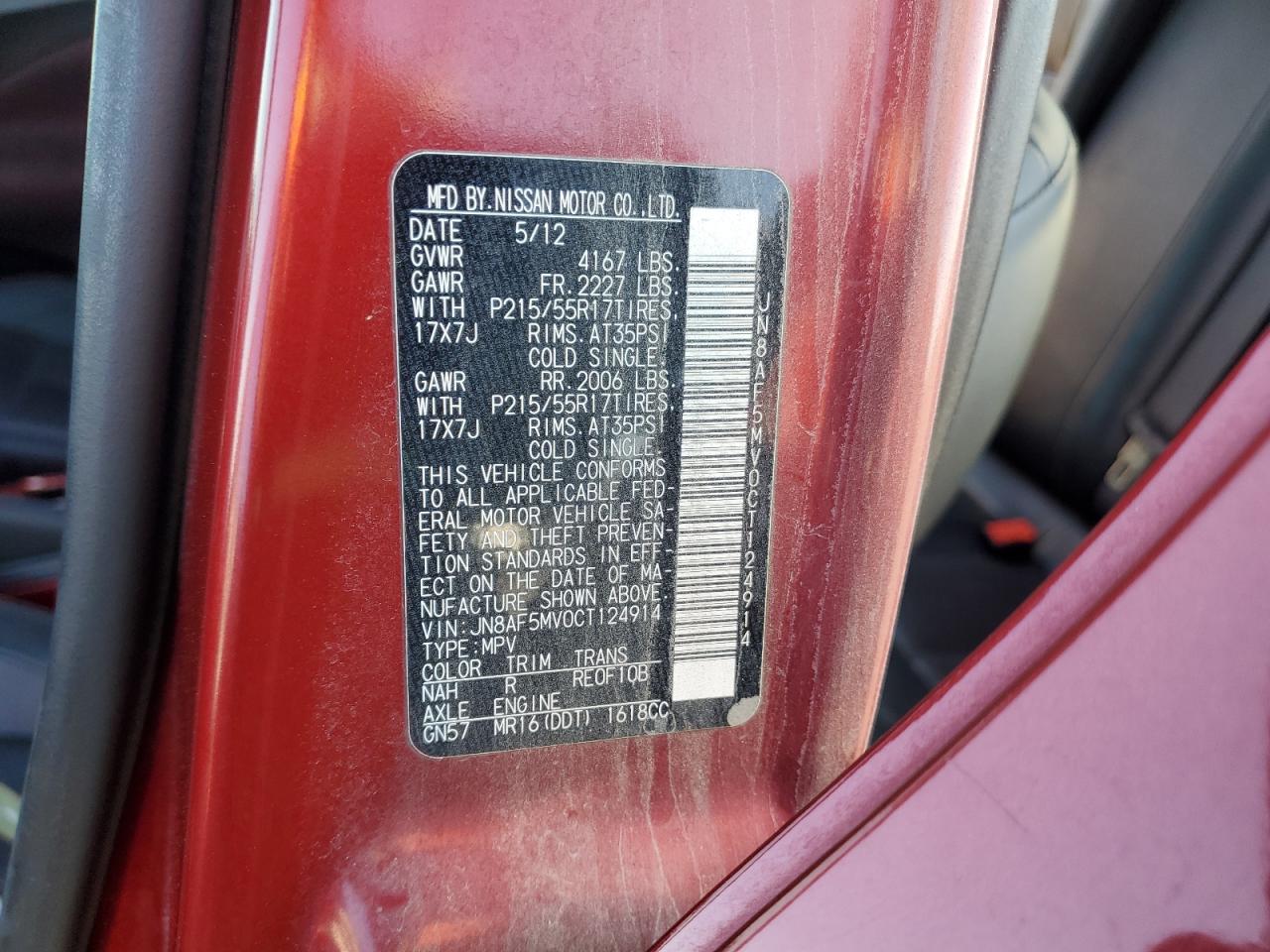2012 Nissan Juke S VIN: JN8AF5MV0CT124914 Lot: 81092135