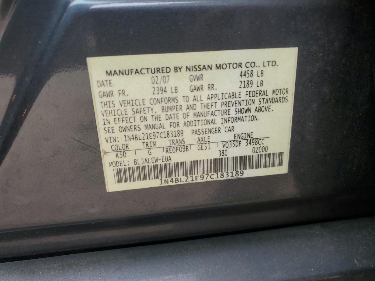 2007 Nissan Altima 3.5Se VIN: 1N4BL21E97C183189 Lot: 72071245