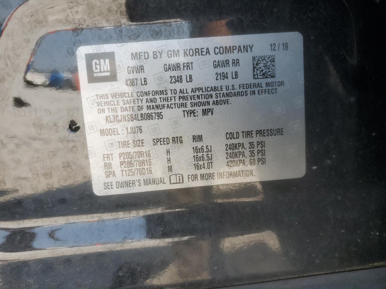 2020 Chevrolet Trax Ls VIN: KL7CJNSB4LB086795 Lot: 81228935