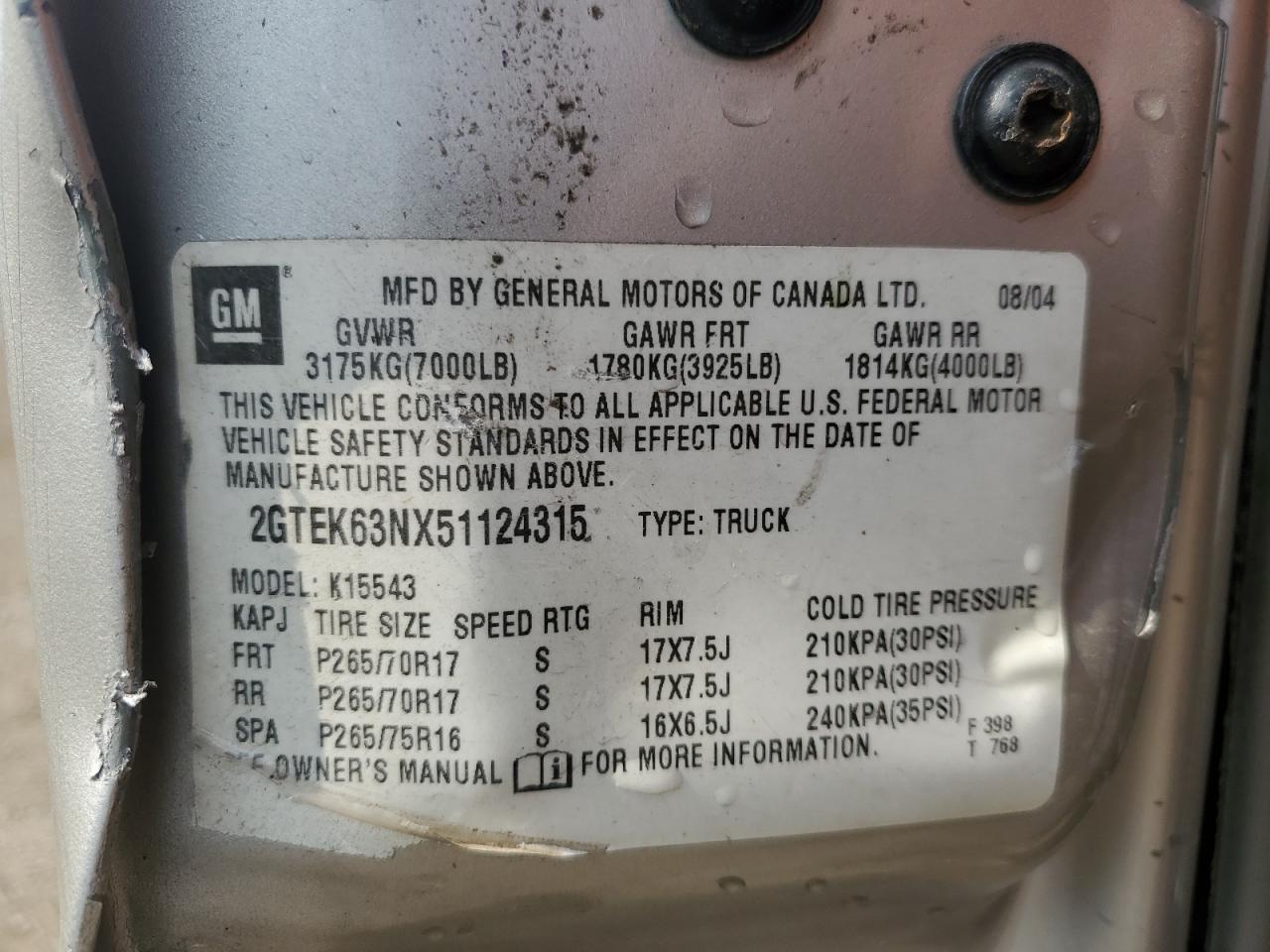 2005 GMC Sierra K1500 Denali VIN: 2GTEK63NX51124315 Lot: 80127065