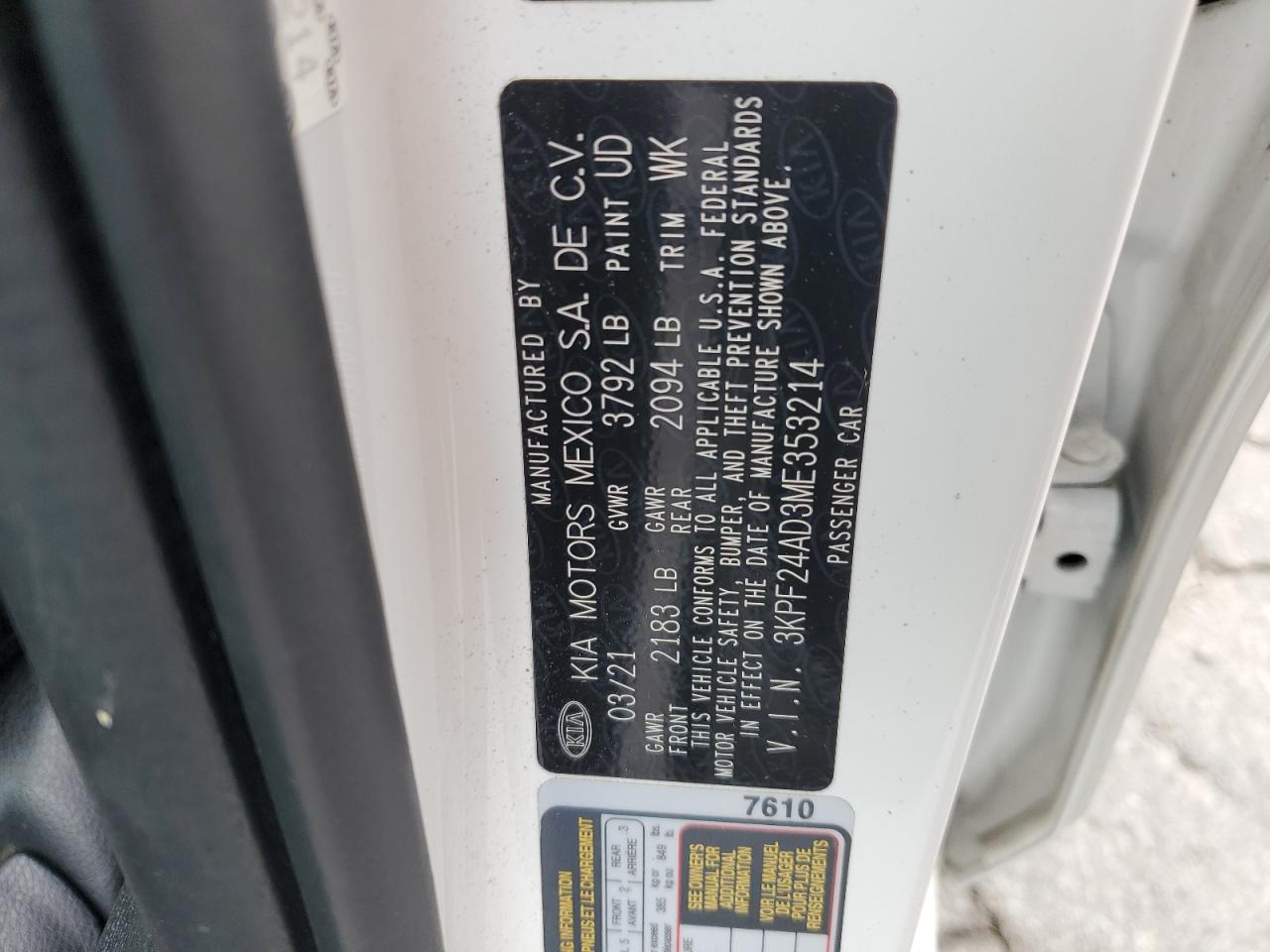 2021 Kia Forte Fe VIN: 3KPF24AD3ME353214 Lot: 81502105