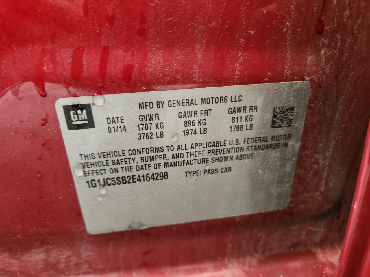 2014 Chevrolet Sonic Lt VIN: 1G1JC5SB2E4164298 Lot: 72015725