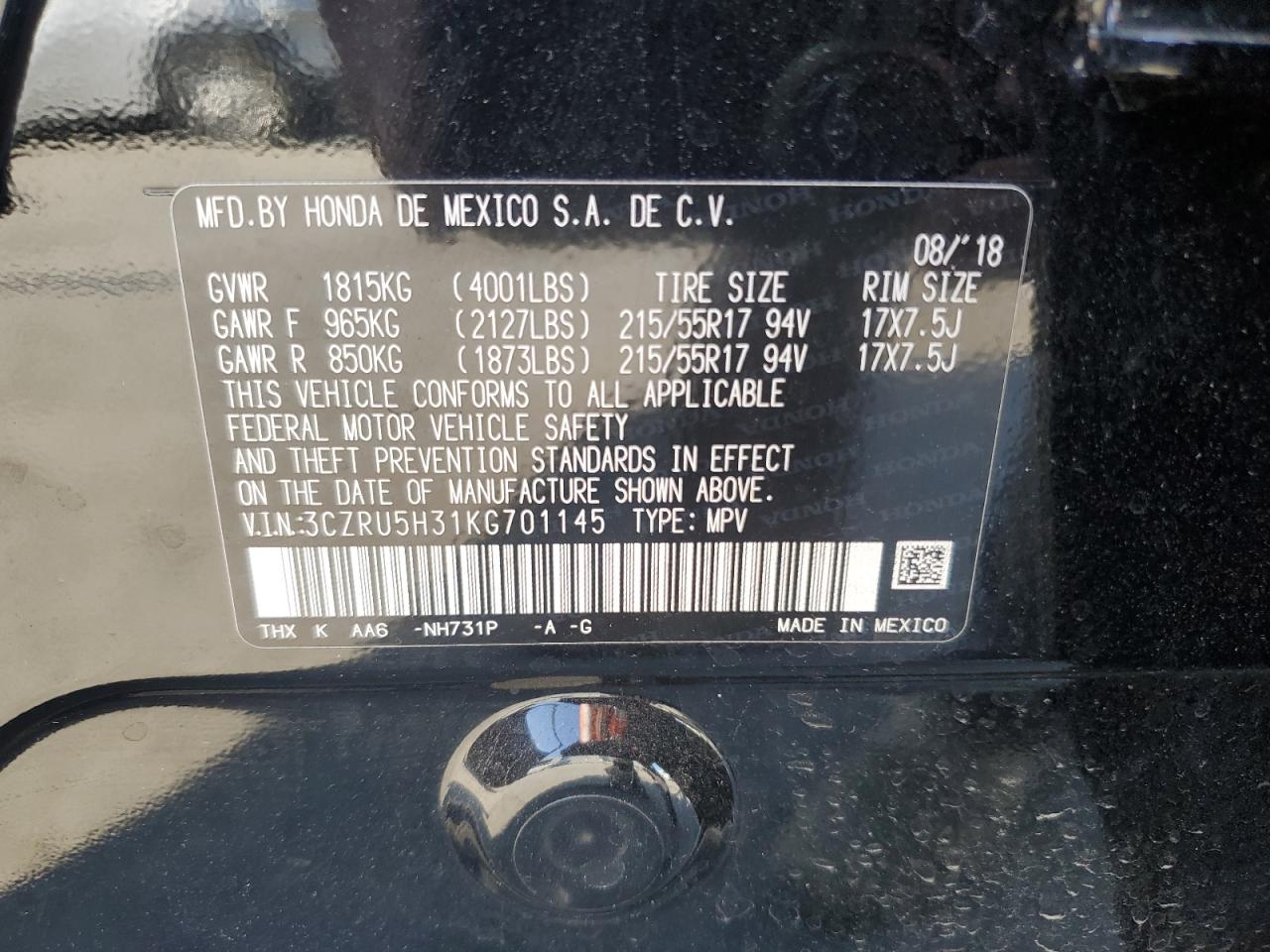 2019 Honda Hr-V Lx VIN: 3CZRU5H31KG701145 Lot: 71718635