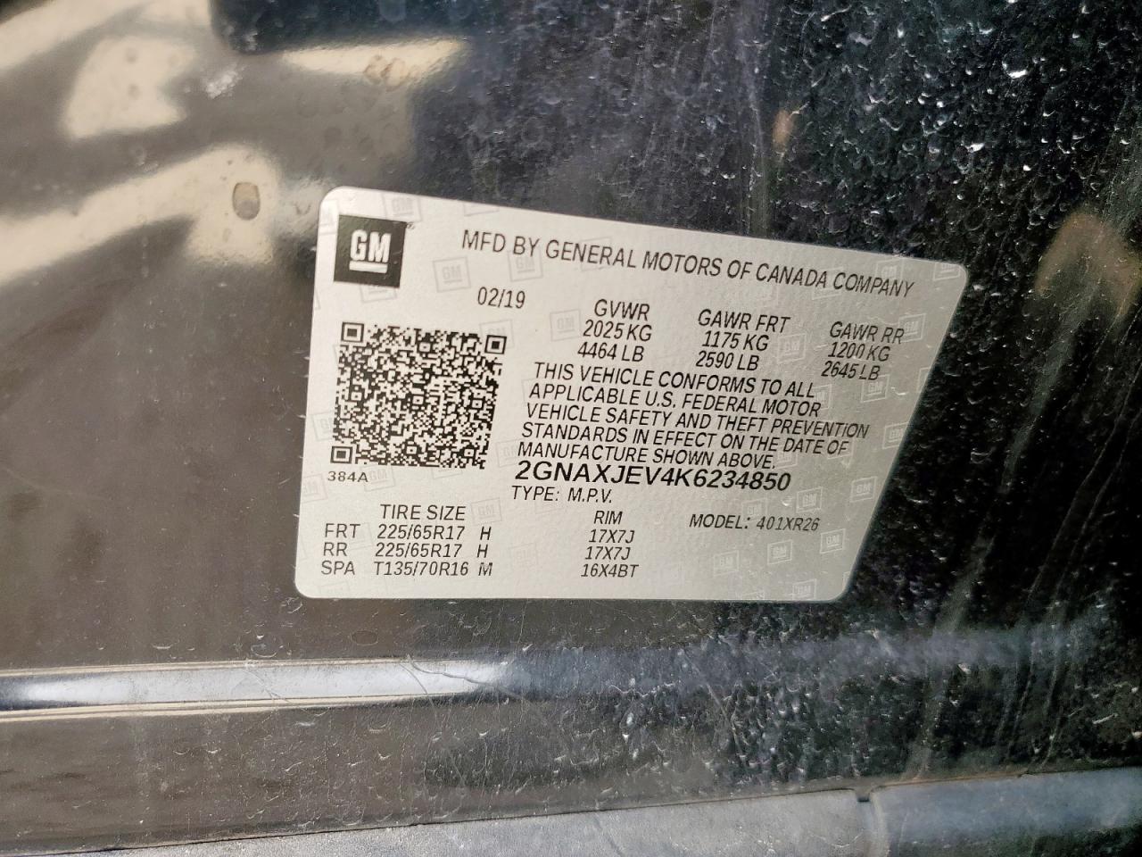 2019 Chevrolet Equinox Lt VIN: 2GNAXJEV4K6234850 Lot: 83829545