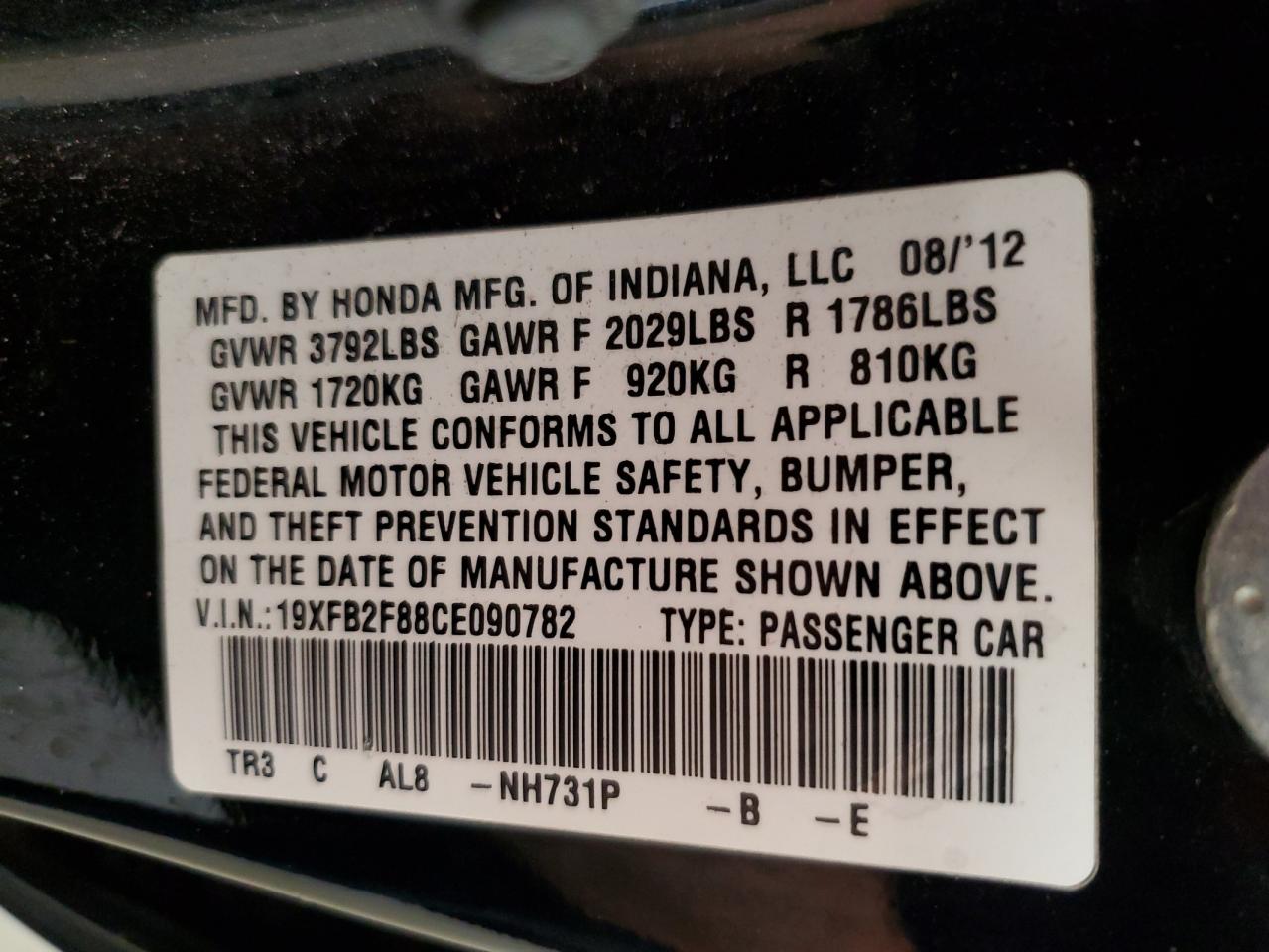 2012 Honda Civic Ex VIN: 19XFB2F88CE090782 Lot: 83816745