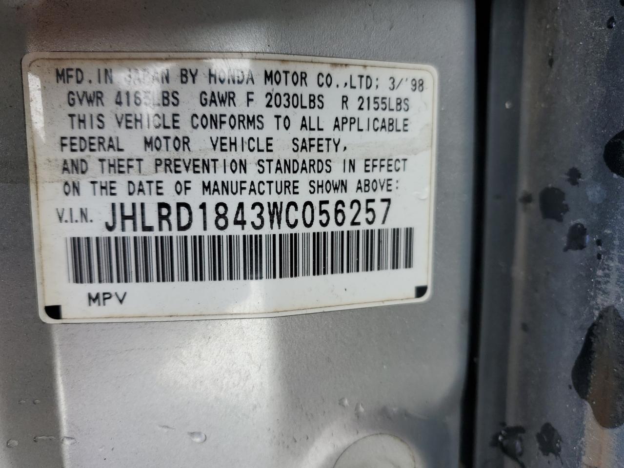 1998 Honda Cr-V Lx VIN: JHLRD1843WC056257 Lot: 72054745