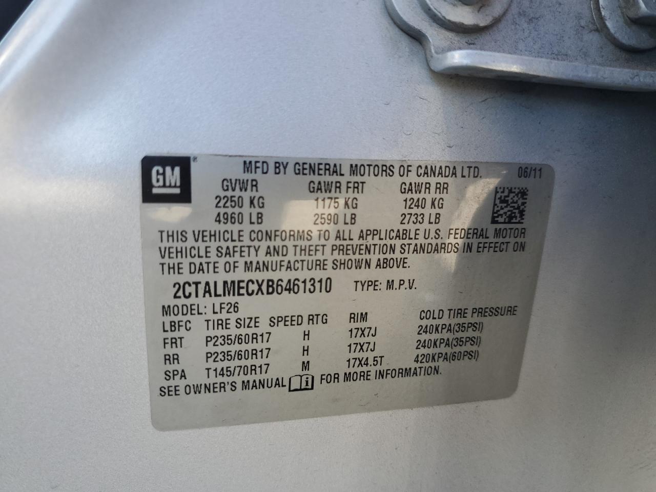 2011 GMC Terrain Sle VIN: 2CTALMECXB6461310 Lot: 70894065