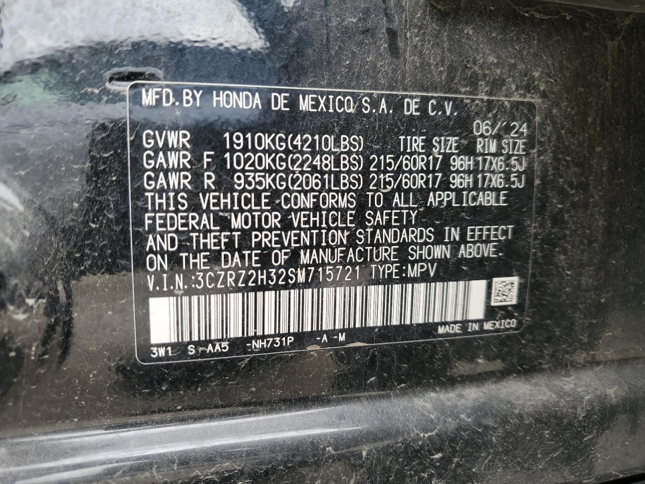 2025 Honda Hr-V Lx VIN: 3CZRZ2H32SM715721 Lot: 71271215