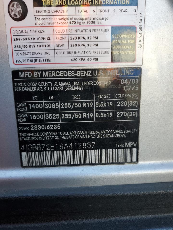2008 Mercedes-Benz Ml 550 VIN: 4JGBB72E18A412837 Lot: 80465305