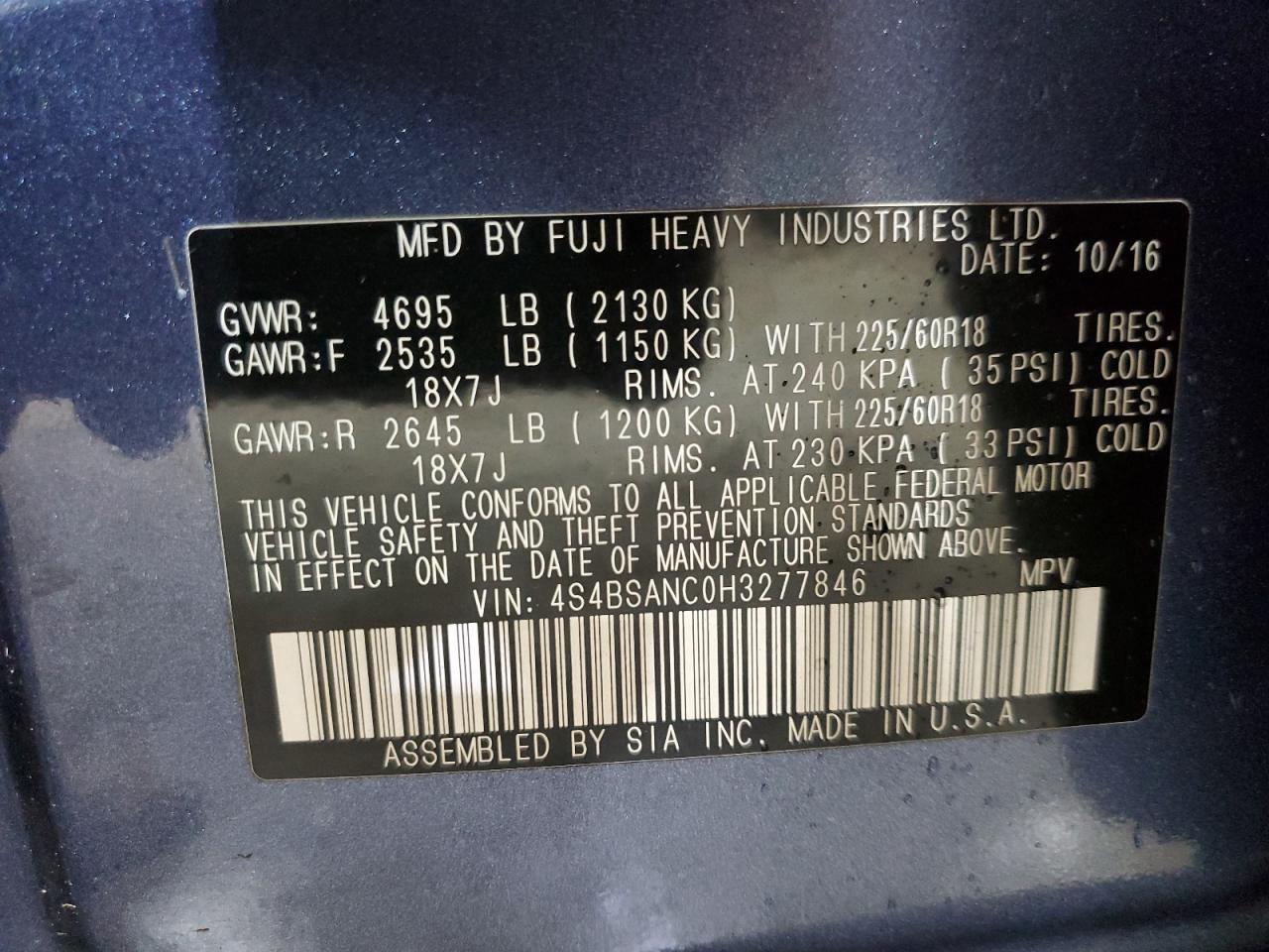 2017 Subaru Outback 2.5I Limited VIN: 4S4BSANC0H3277846 Lot: 80858175