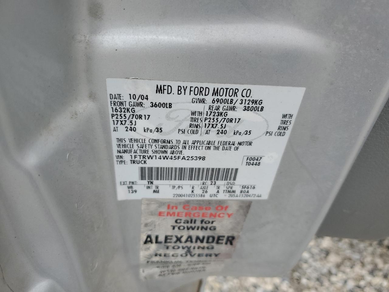 2005 Ford F150 Supercrew VIN: 1FTRW14W45FA25398 Lot: 81300065