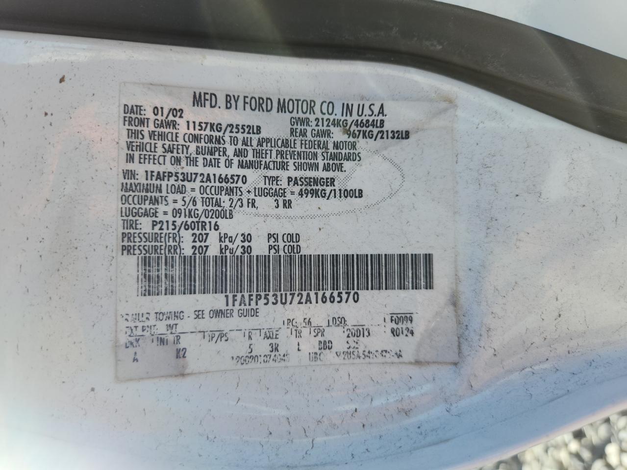 2002 Ford Taurus Se VIN: 1FAFP53U72A166570 Lot: 82153125