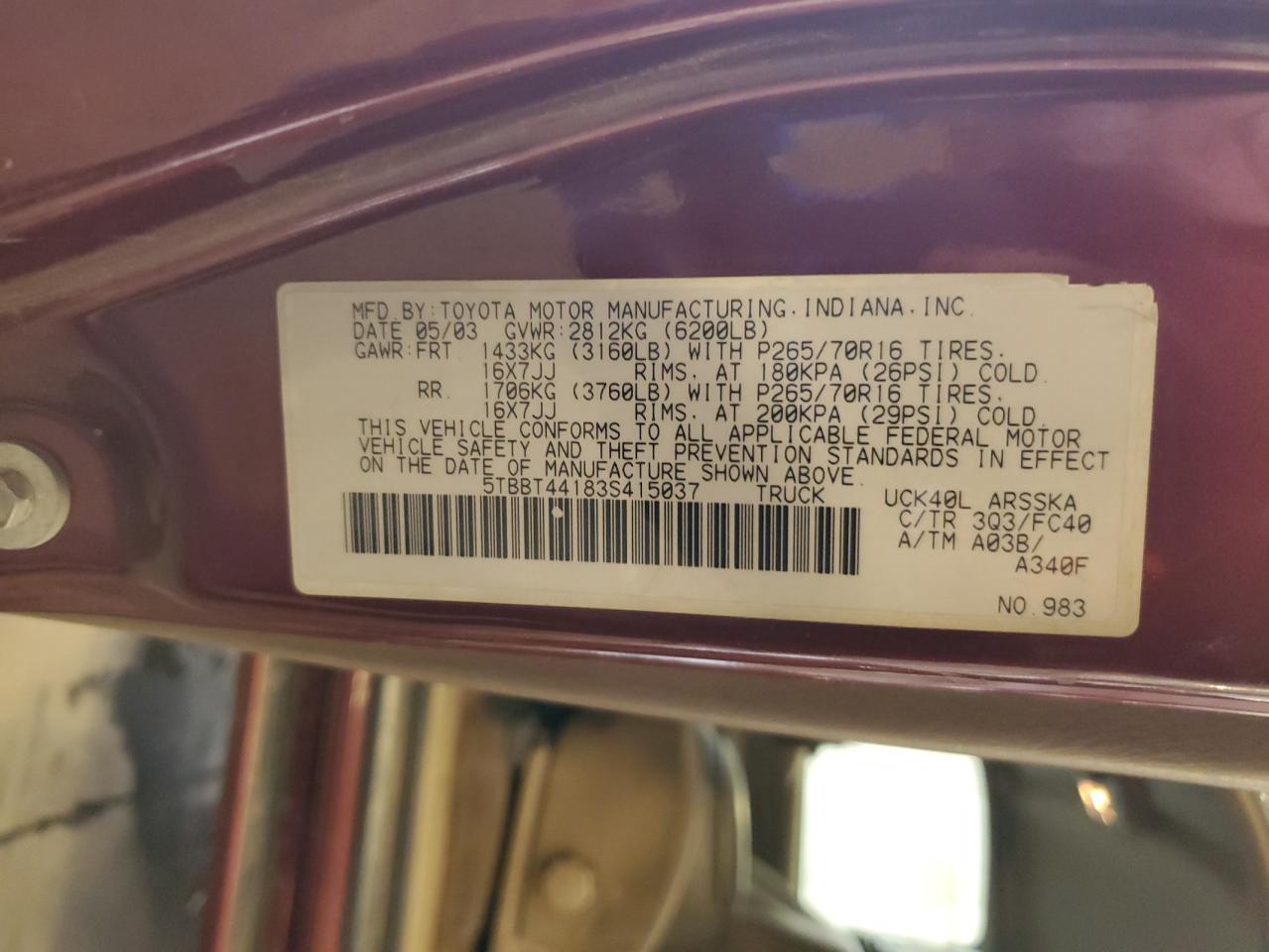 2003 Toyota Tundra Access Cab Sr5 VIN: 5TBBT44183S415037 Lot: 69408445