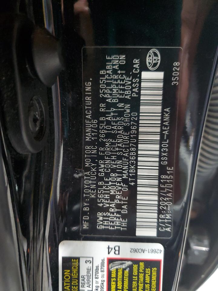 2007 Toyota Avalon Xl VIN: 4T1BK36B87U196720 Lot: 84643825