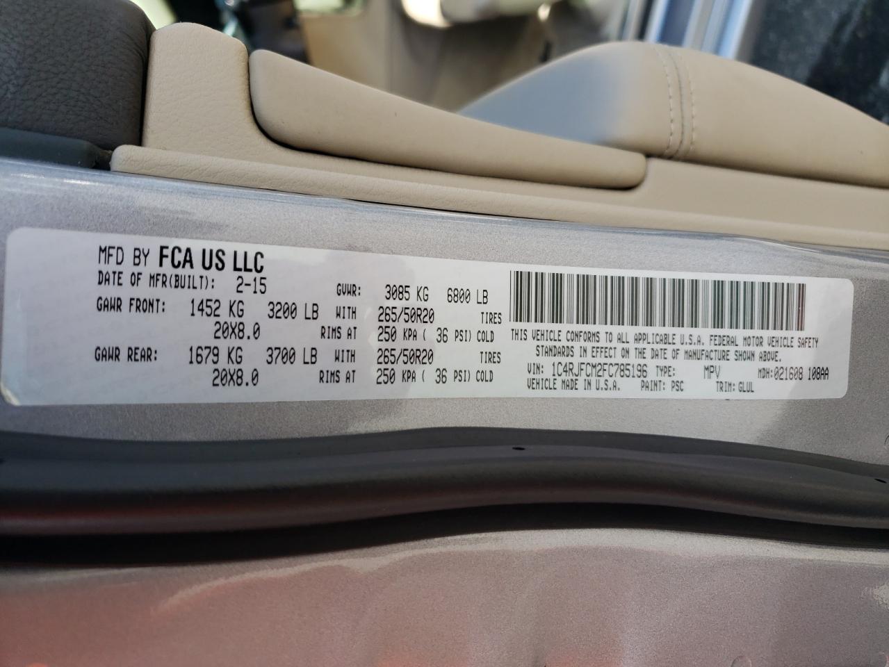 2015 Jeep Grand Cherokee Overland VIN: 1C4RJFCM2FC785196 Lot: 72071175