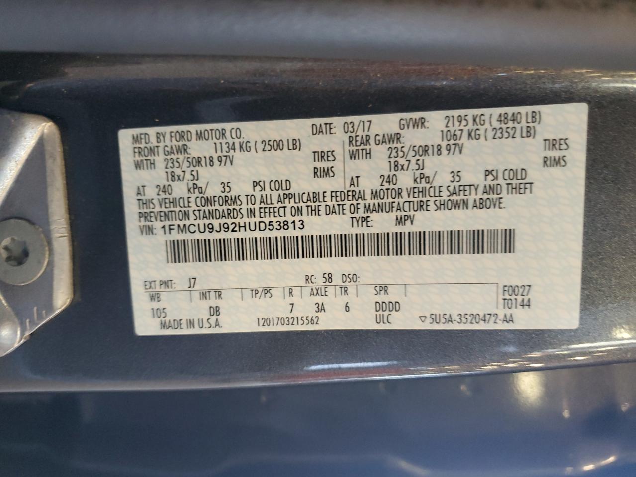 2017 Ford Escape Titanium VIN: 1FMCU9J92HUD53813 Lot: 81221285