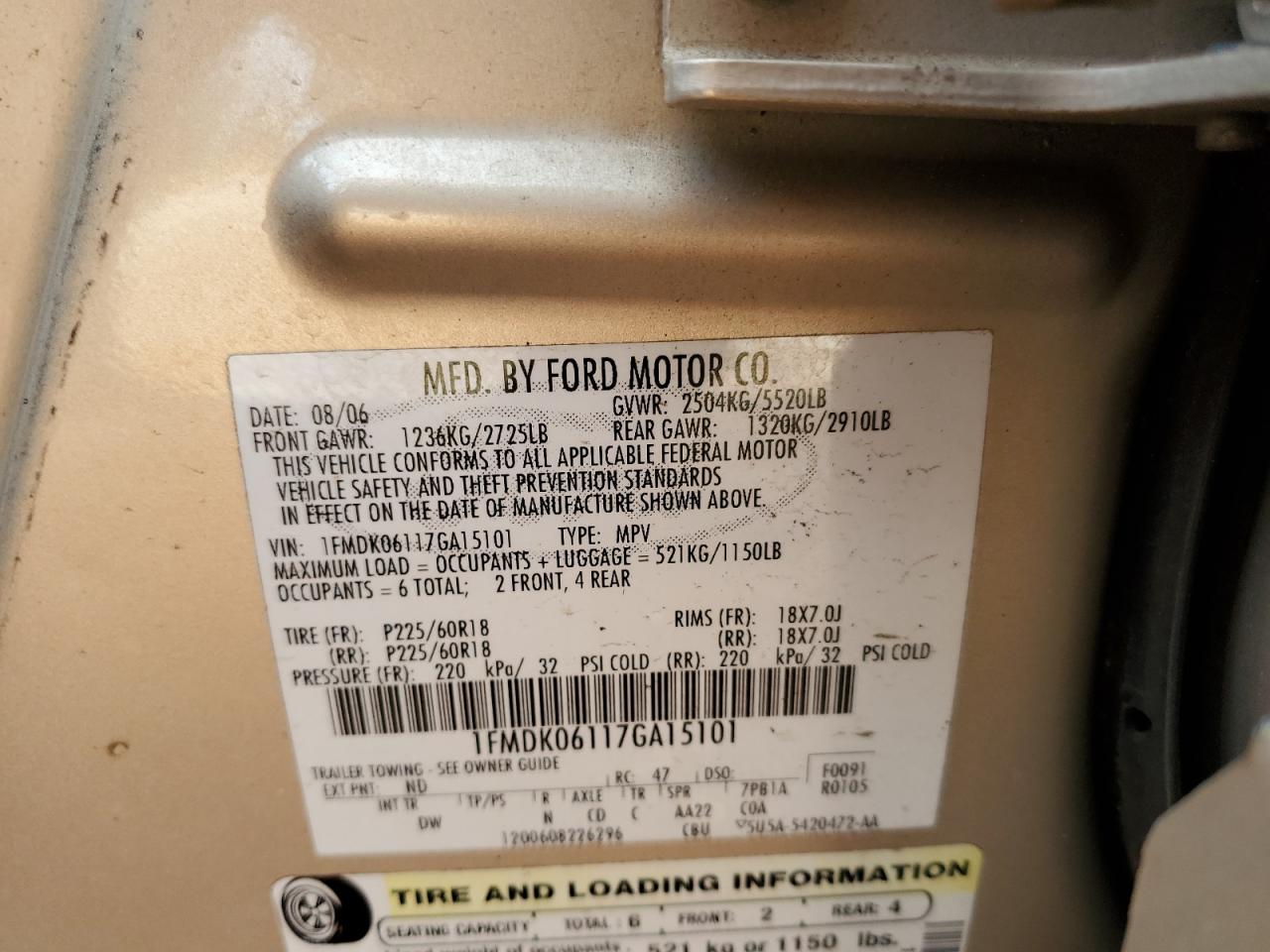 2007 Ford Freestyle VIN: 1FMDK06117GA15101 Lot: 81771405