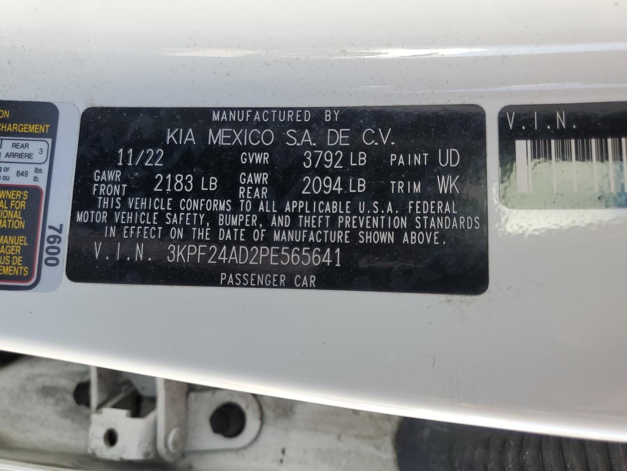 2023 Kia Forte Lx VIN: 3KPF24AD2PE565641 Lot: 71625055