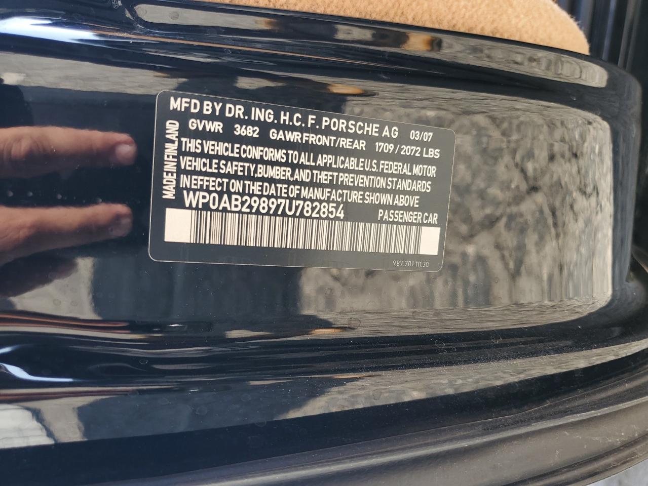 2007 Porsche Cayman S VIN: WP0AB29897U782854 Lot: 82164355