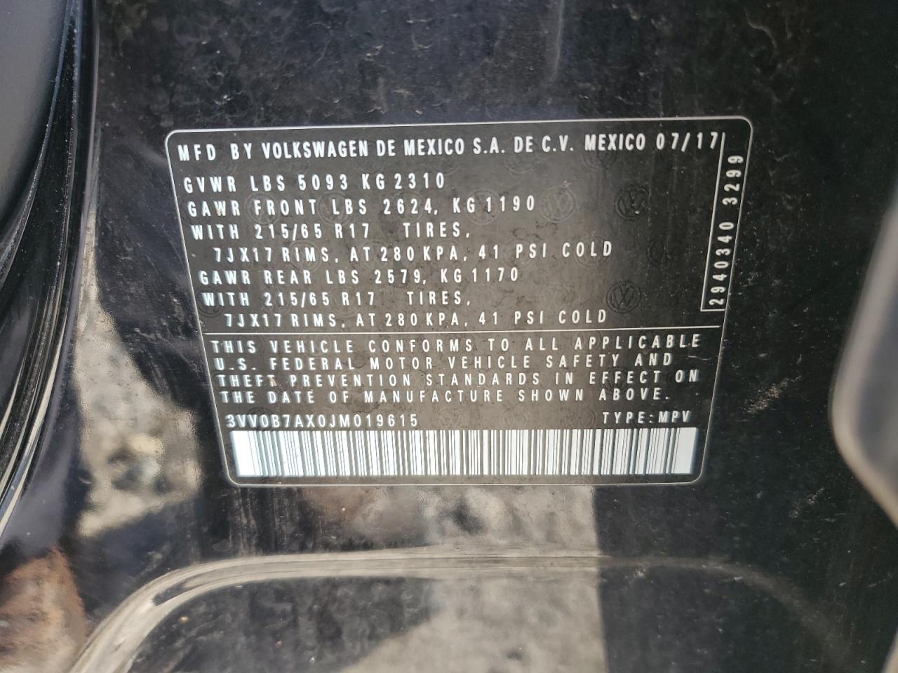 2018 Volkswagen Tiguan S VIN: 3VV0B7AX0JM019615 Lot: 80466425