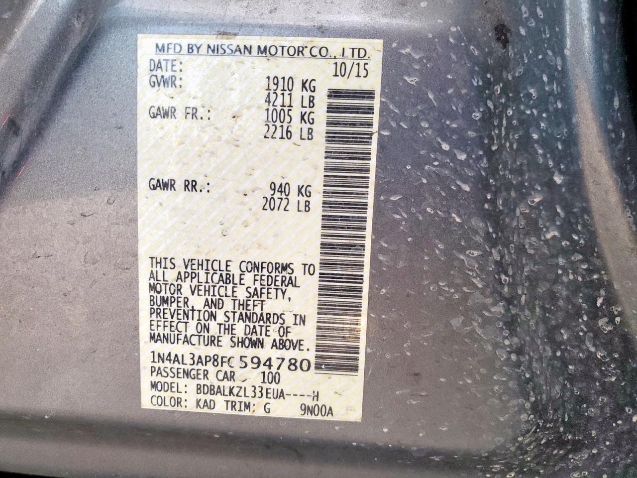 2015 Nissan Altima 2.5 VIN: 1N4AL3AP8FC594780 Lot: 84027905