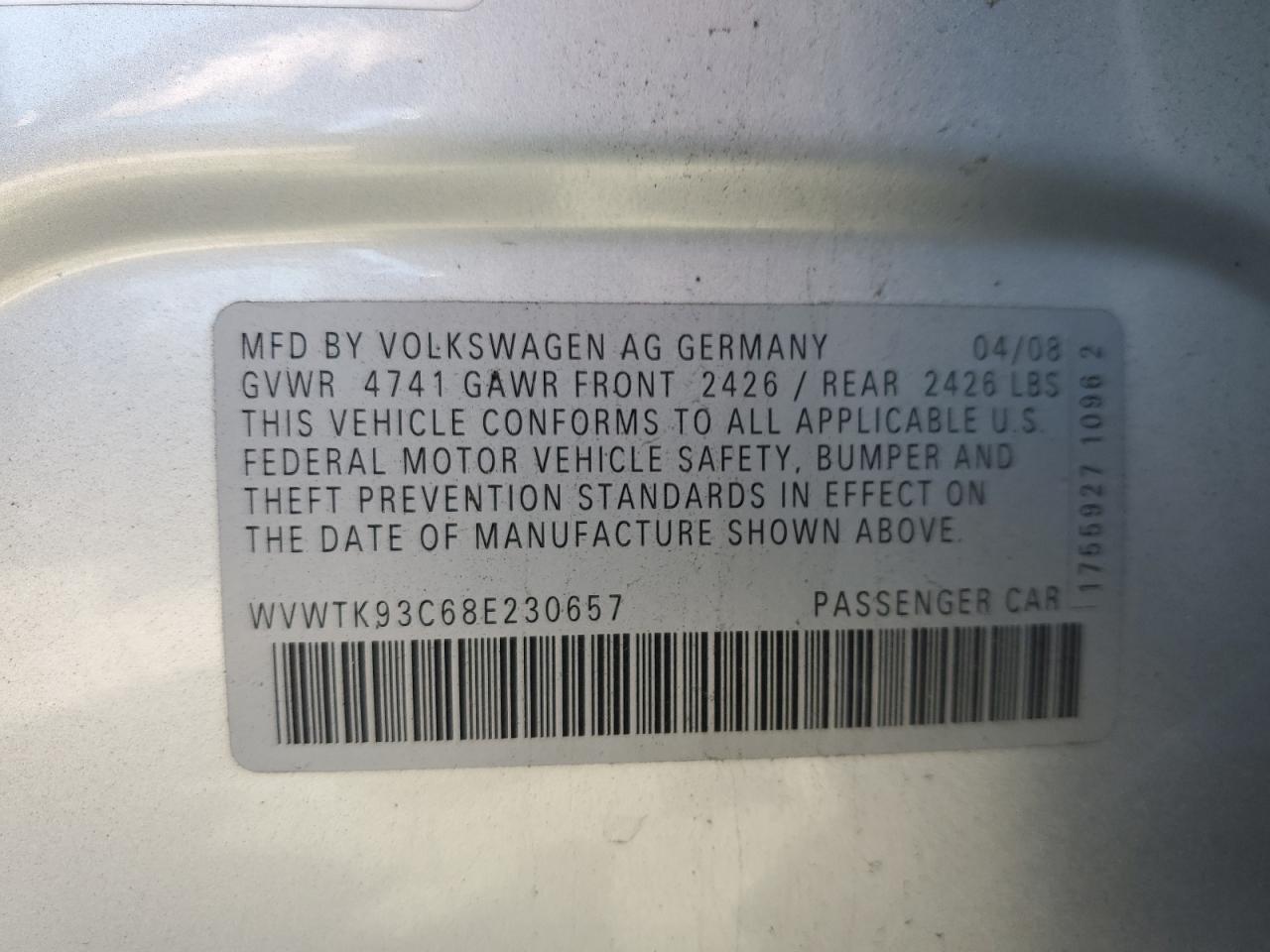 2008 Volkswagen Passat Wagon Lux VIN: WVWTK93C68E230657 Lot: 83763795