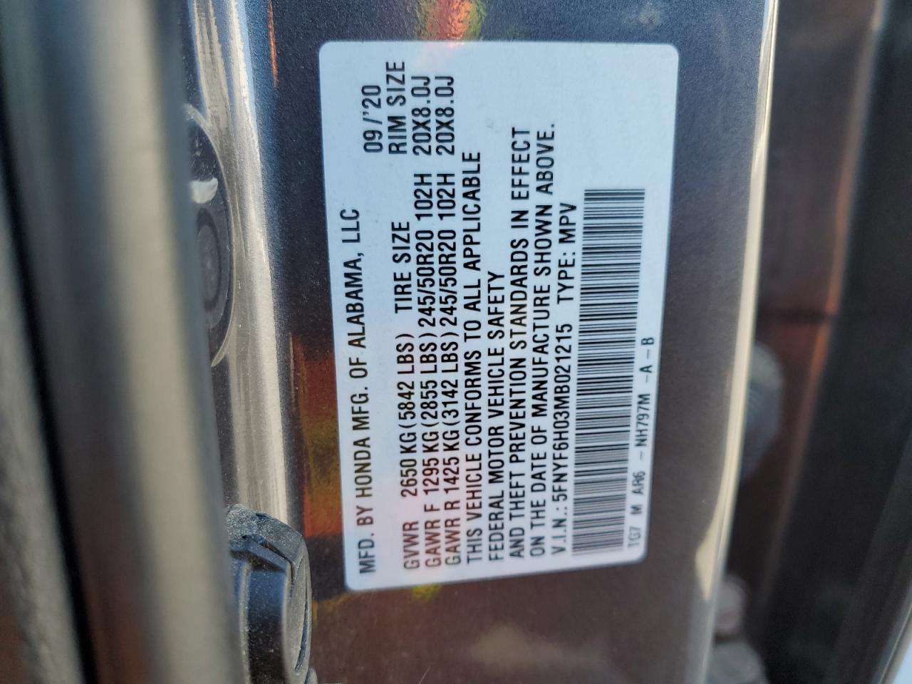 2021 Honda Pilot Elite VIN: 5FNYF6H03MB021215 Lot: 80701965