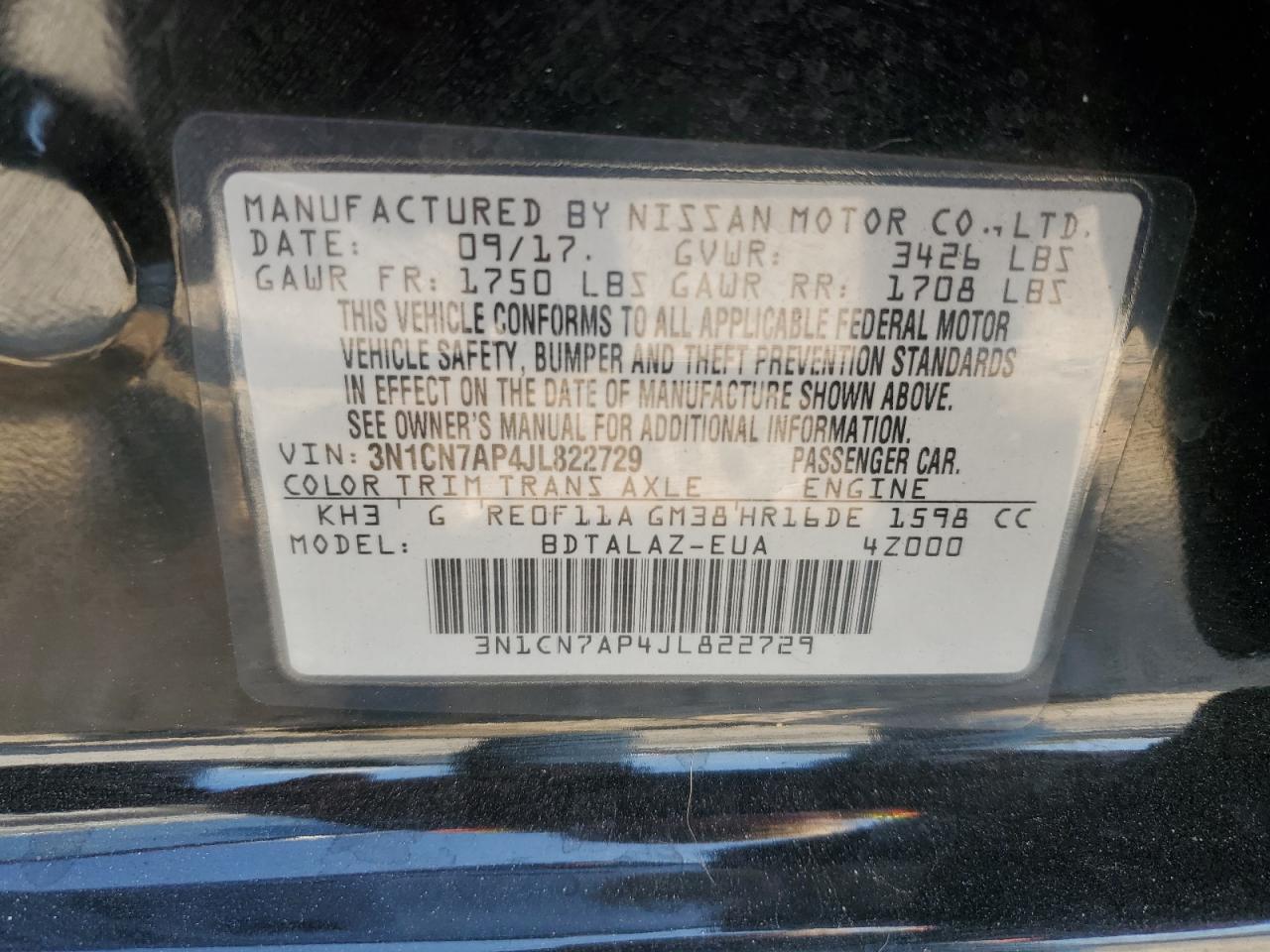 2018 Nissan Versa S VIN: 3N1CN7AP4JL822729 Lot: 80489625