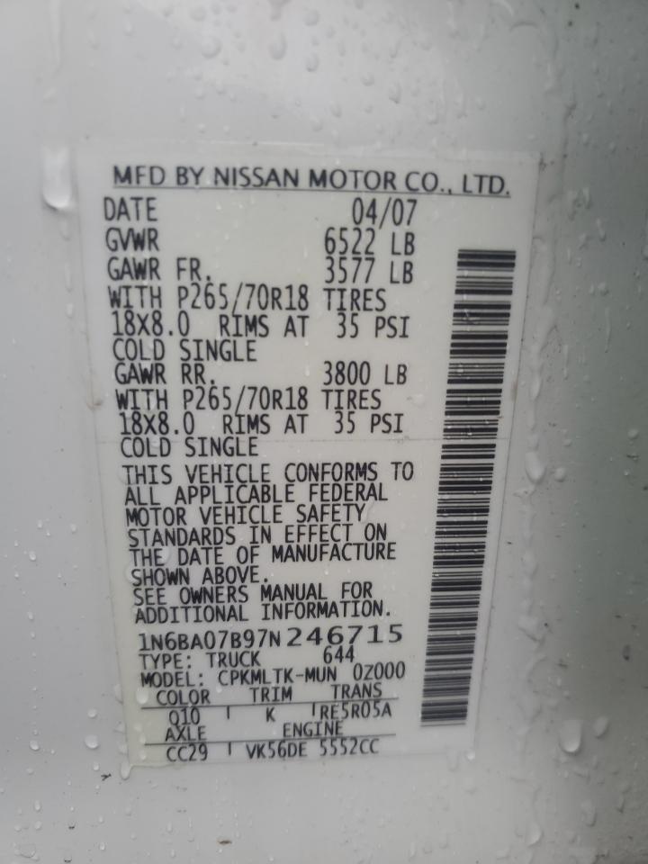 2007 Nissan Titan Xe VIN: 1N6BA07B97N246715 Lot: 83776225