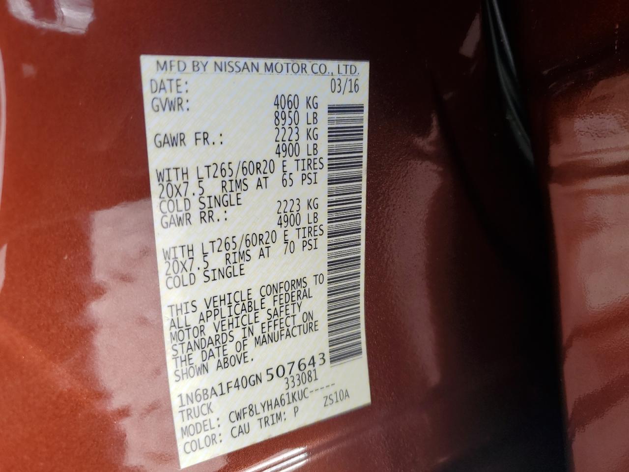 2016 Nissan Titan Xd Sl VIN: 1N6BA1F40GN507643 Lot: 84653105