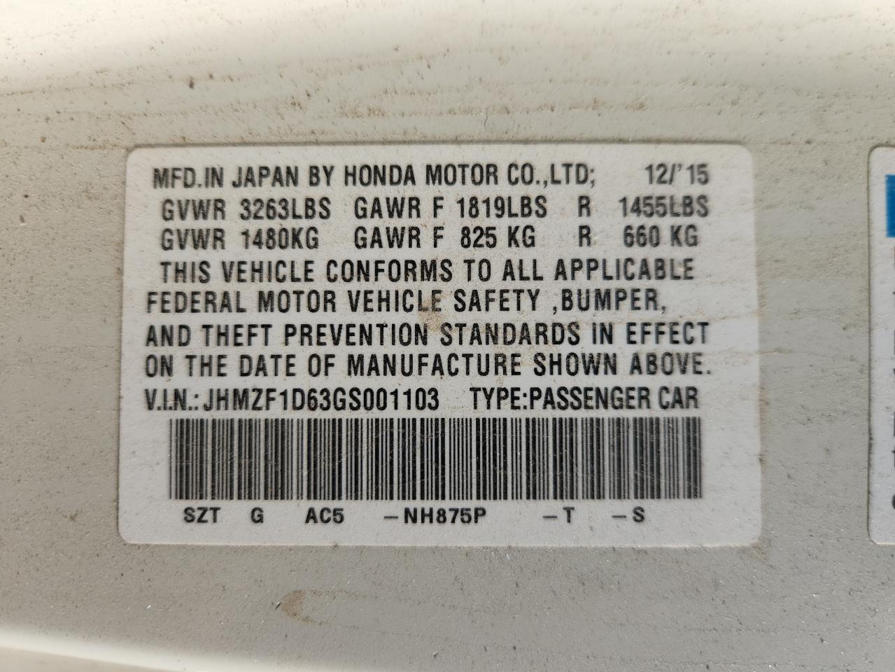 2016 Honda Cr-Z Ex VIN: JHMZF1D63GS001103 Lot: 81451665