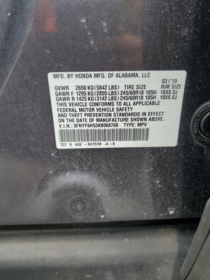 2019 Honda Pilot Exl VIN: 5FNYF6H53KB068768 Lot: 71517955