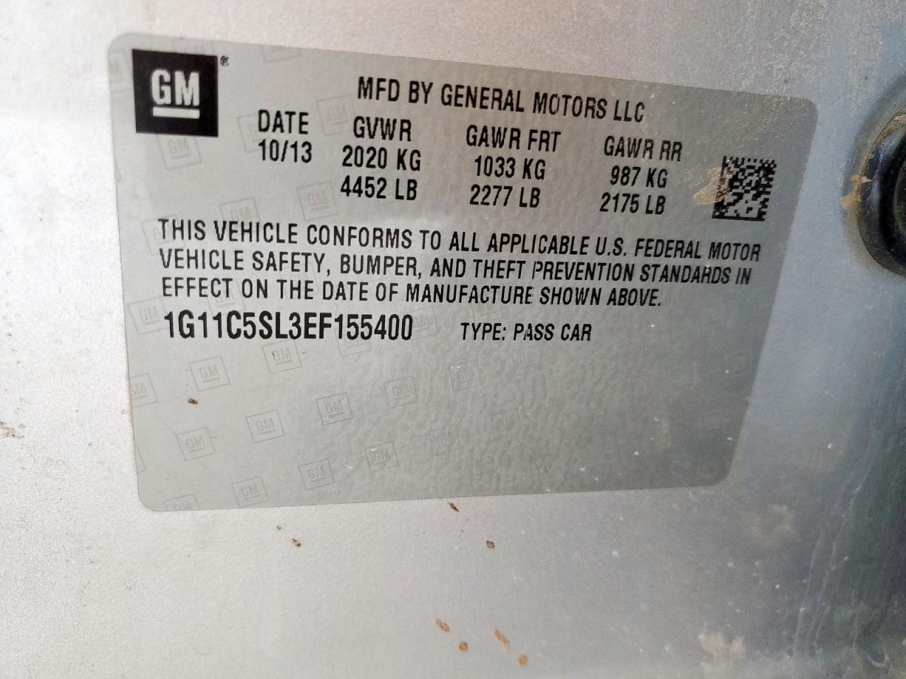 2014 Chevrolet Malibu 1Lt VIN: 1G11C5SL3EF155400 Lot: 71804105