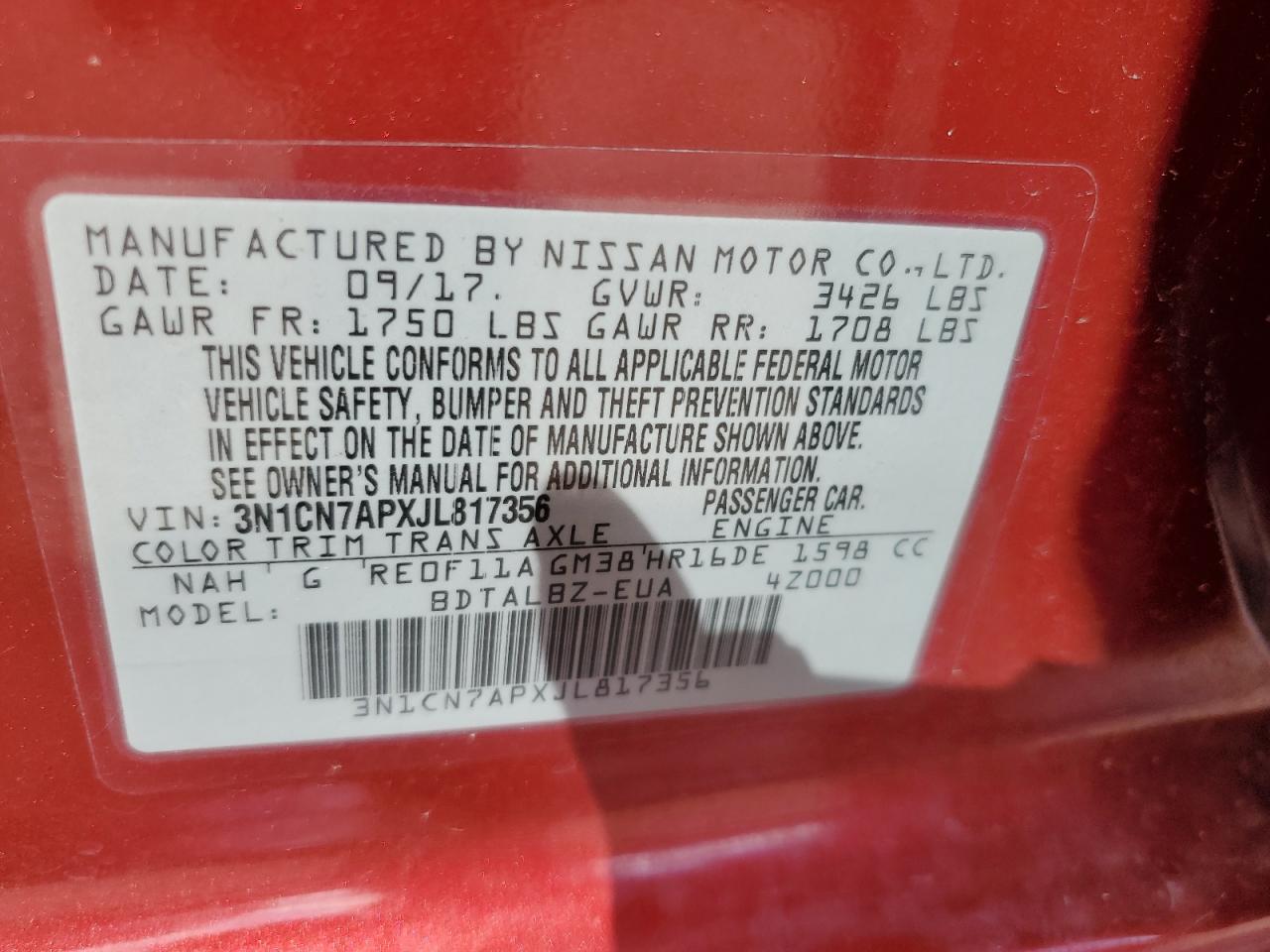 2018 Nissan Versa S VIN: 3N1CN7APXJL817356 Lot: 83843935