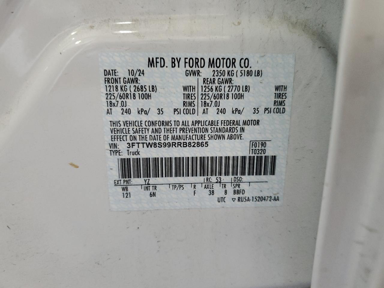 2024 Ford Maverick Lariat VIN: 3FTTW8S99RRB82865 Lot: 81316405