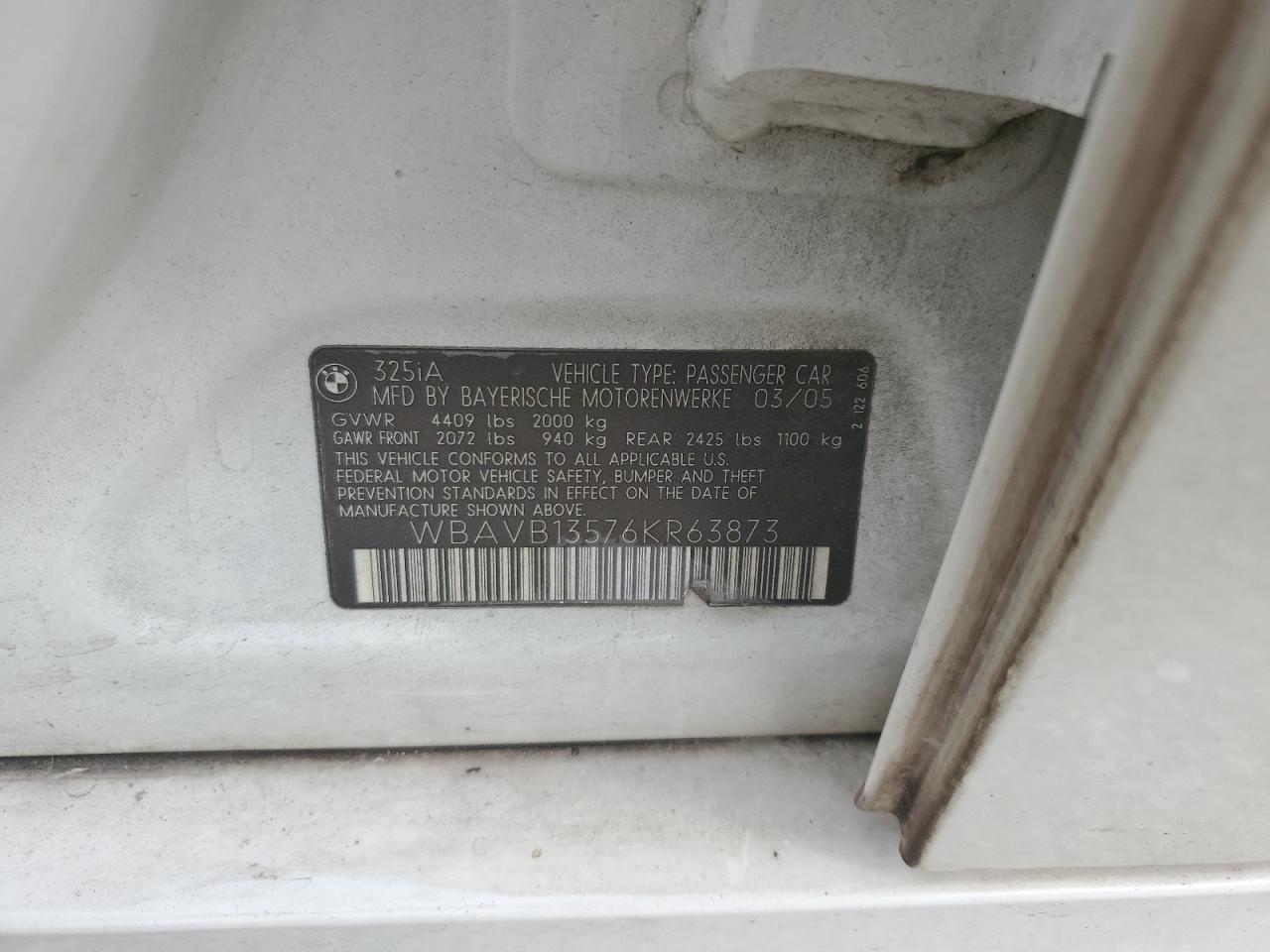 2006 BMW 325 I VIN: WBAVB13576KR63873 Lot: 81383645