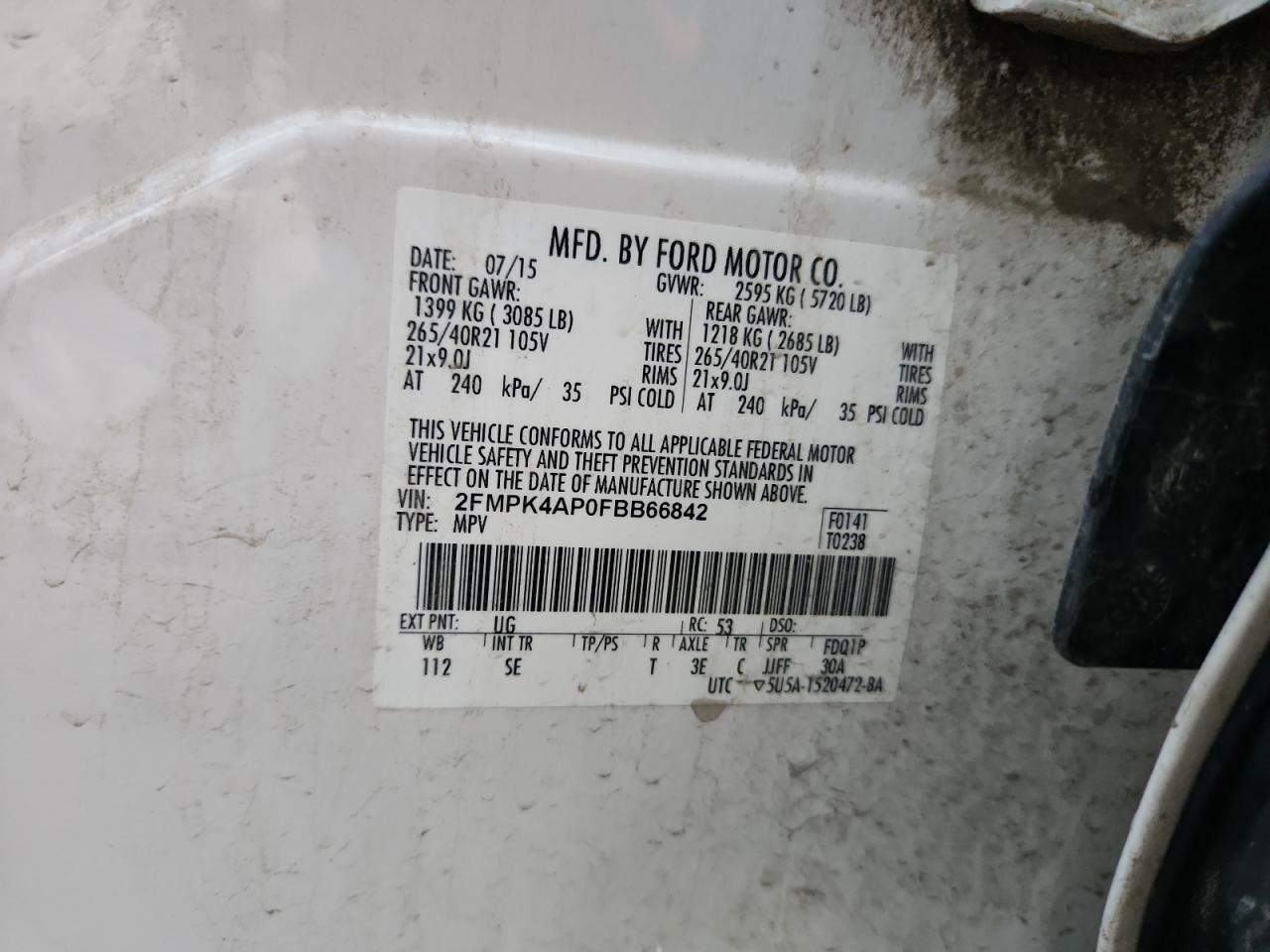 2015 Ford Edge Sport VIN: 2FMPK4AP0FBB66842 Lot: 81224415